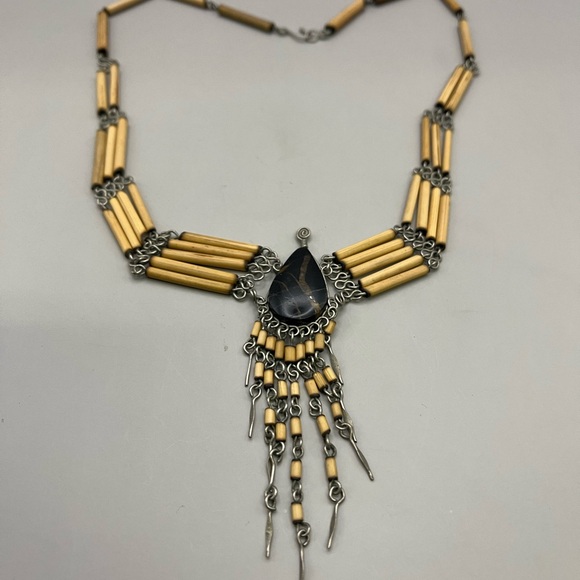 Jewelry - Wooden tones and Silver Necklace with Teardrop Gem and Tassel -bohemian style